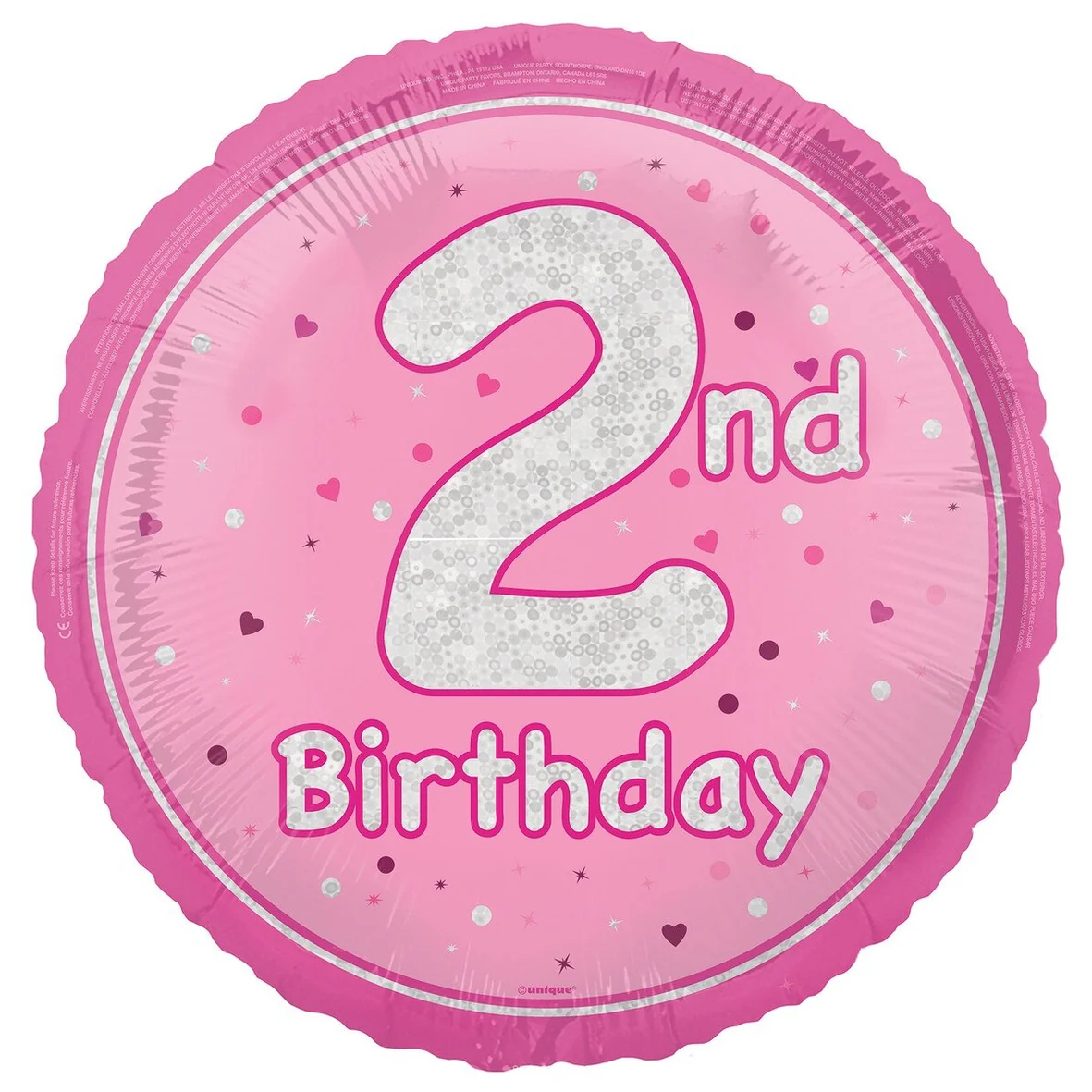 2nd Birthday Pink Holographic Glitter Round Foil Balloon - 45cm