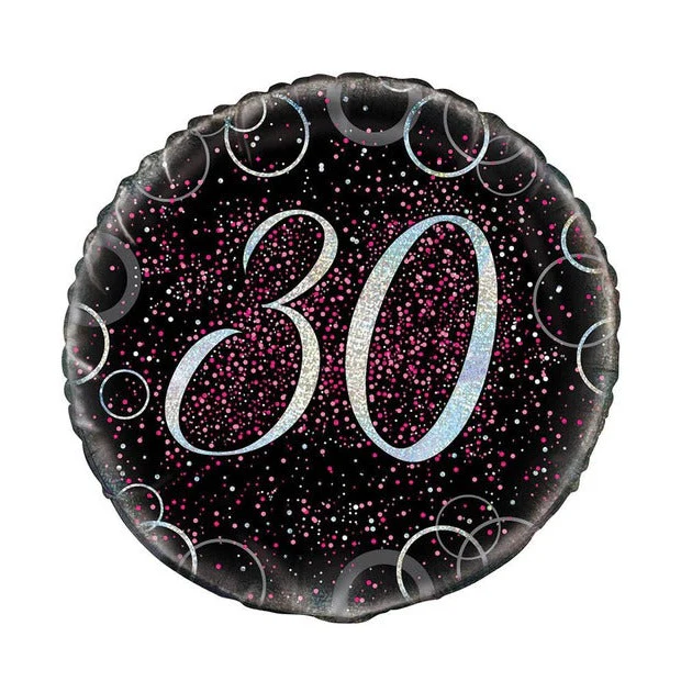 30th Birthday Round Foil Balloon - Black, Pink & Silver Glitz 45cm