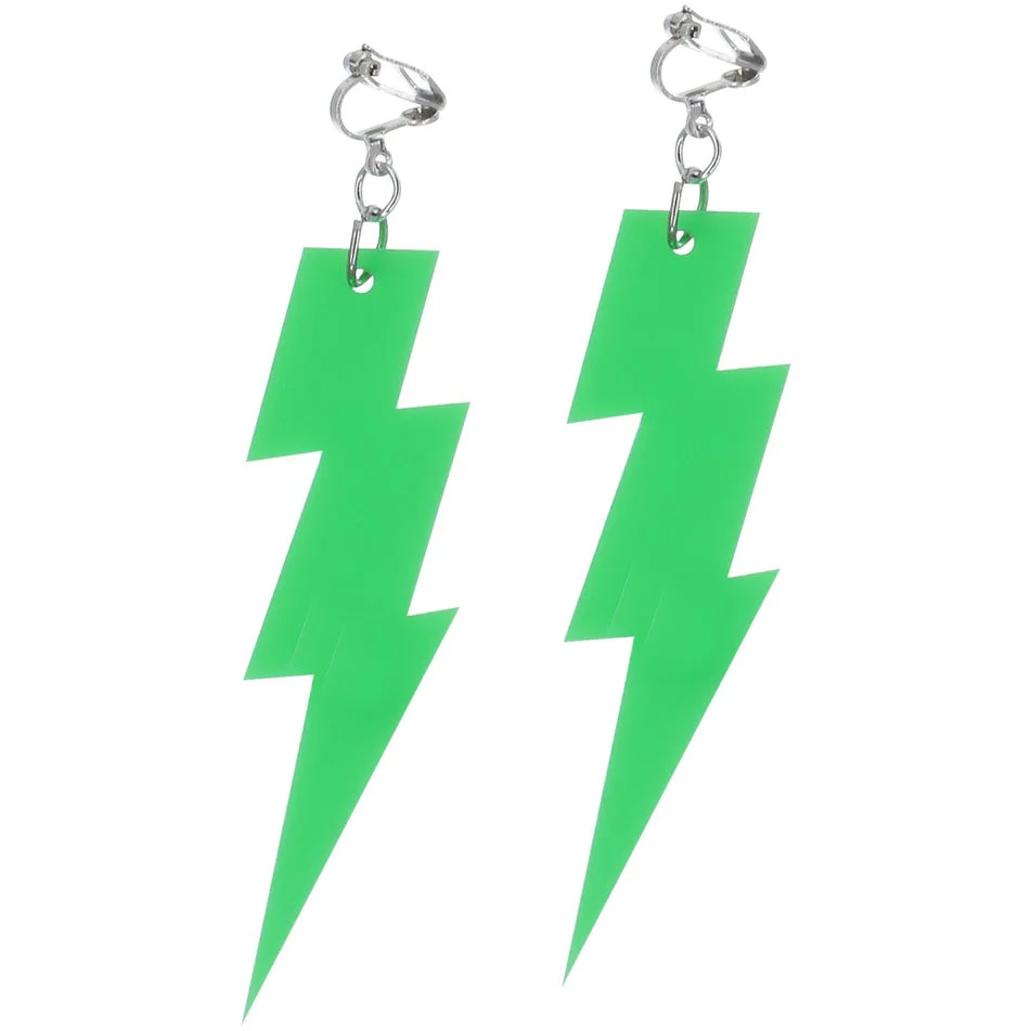 80s Neon Lightning Bolt Earrings, Green - Image 2