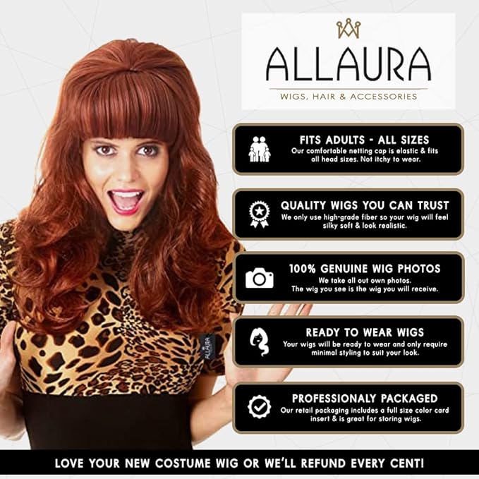 Auburn Red Cavewoman Costume Wig – Long Wavy with Fringe - Image 2