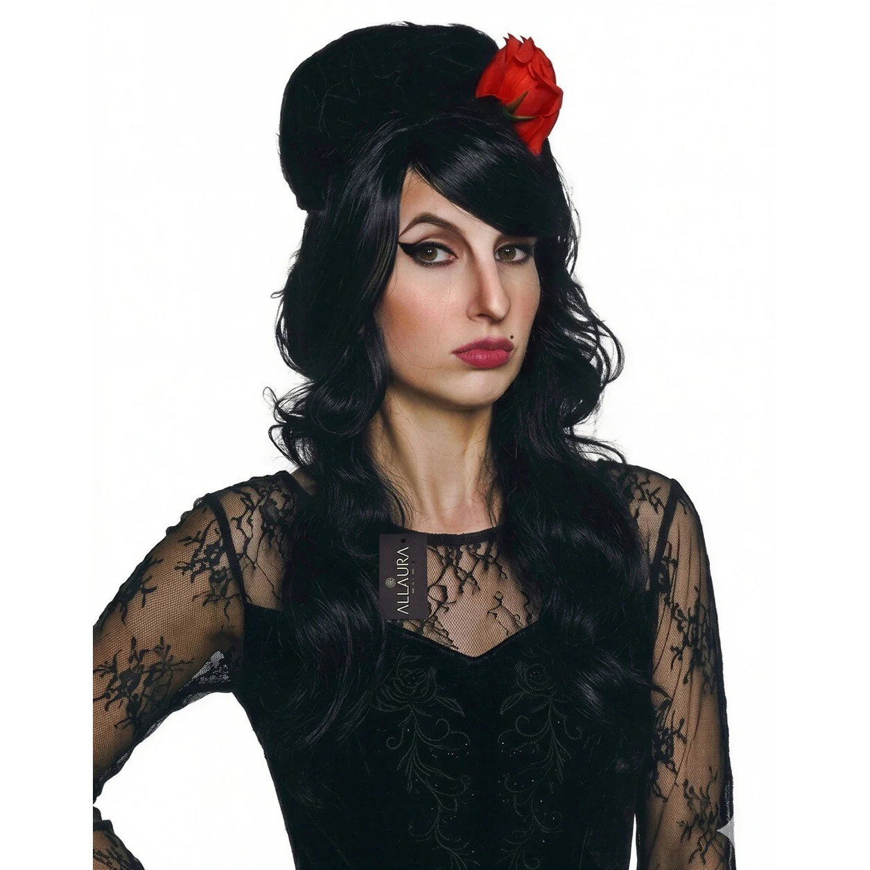 Black Beehive Wig with Red Rose – Amy Winehouse Style - Image 2
