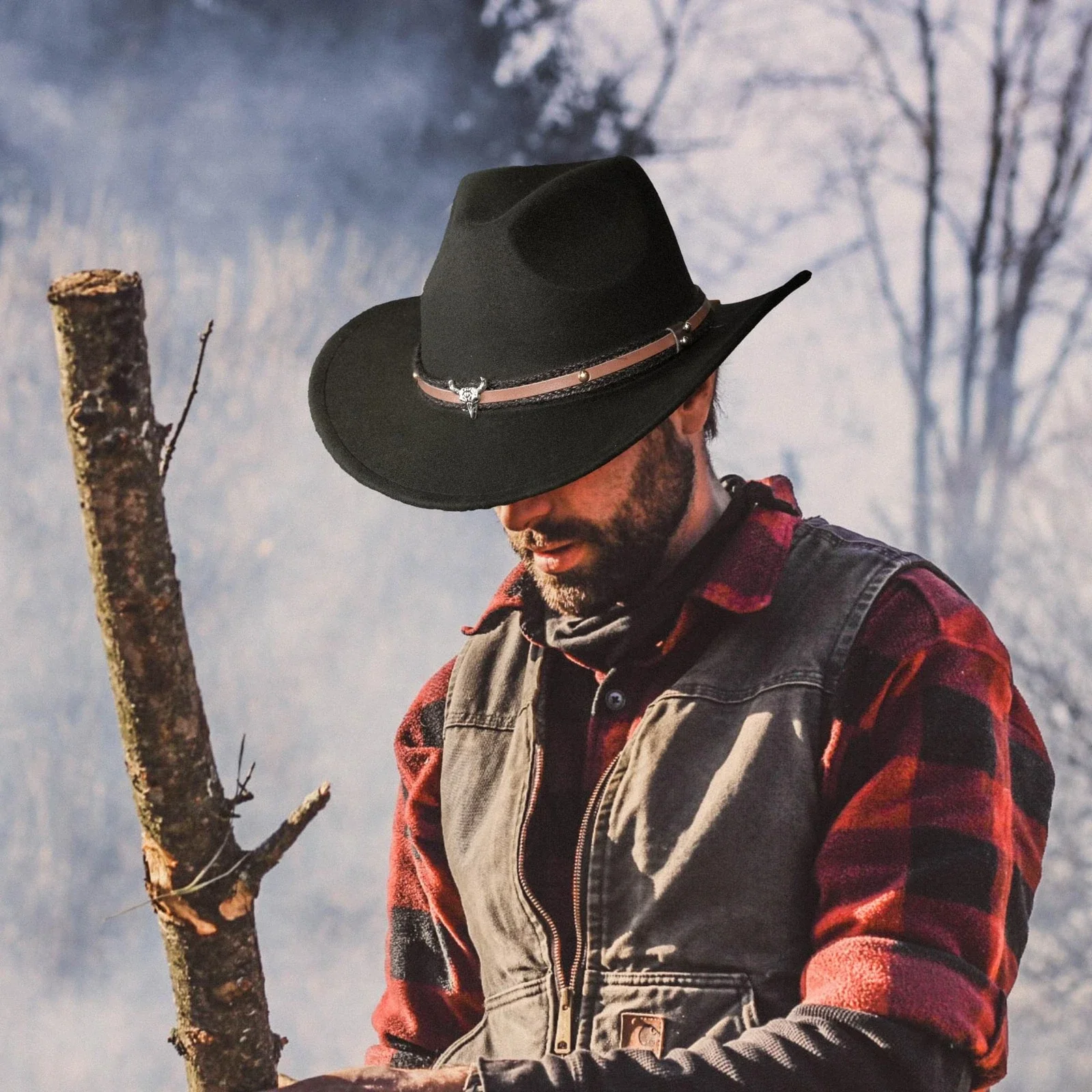 Cowboy Hat with Bull Head Band - Image 3