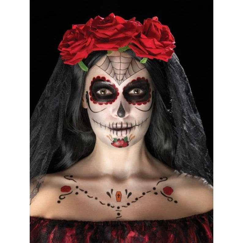 Day Of The Dead Face Tattoo Transfers Kit Red & Black