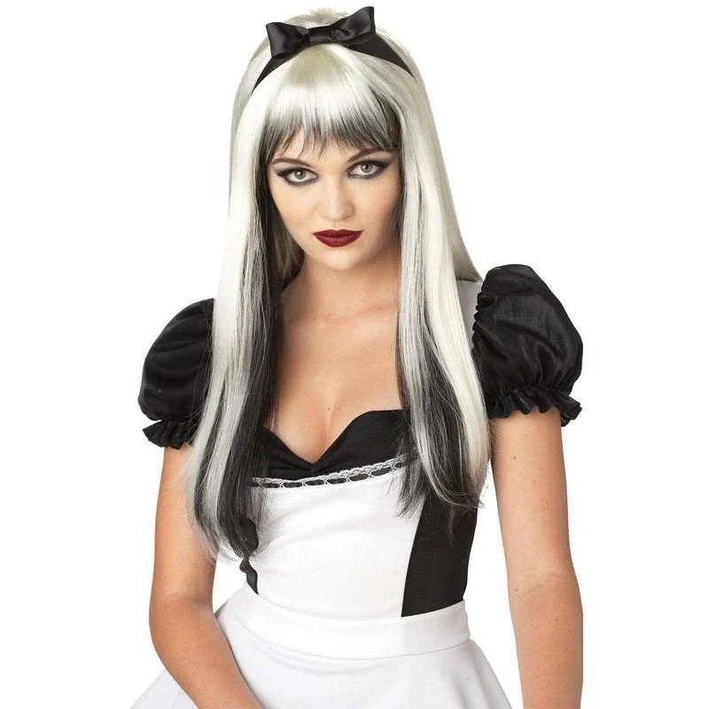 Enchanted Tresses Black And White Wig With Ribbon