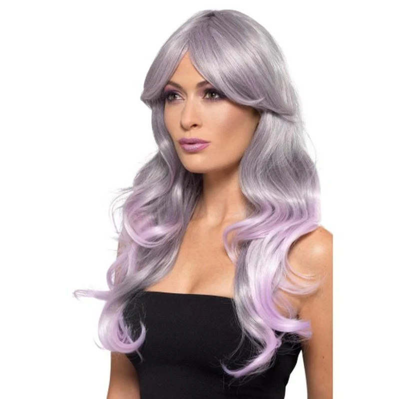 Fashion Ombre Wig, Wavy, Long, Grey & Pastel Pink