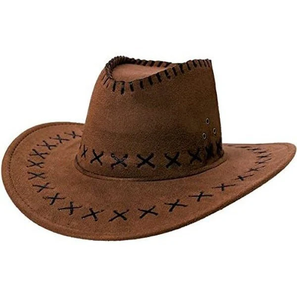 Faux Brown Suede Stitched Cowboy Hat - Image 2
