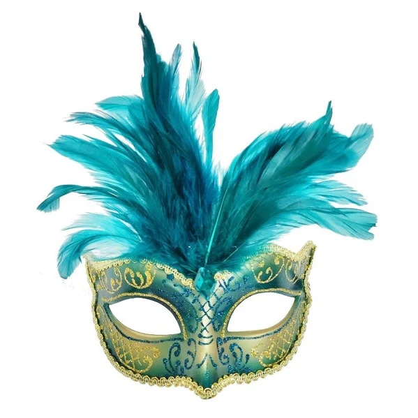 Gold and Teal Masquerade Eye Mask with Feathers
