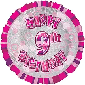 Happy 9th Birthday Pink Glitz Round Foil Balloon - 45cm