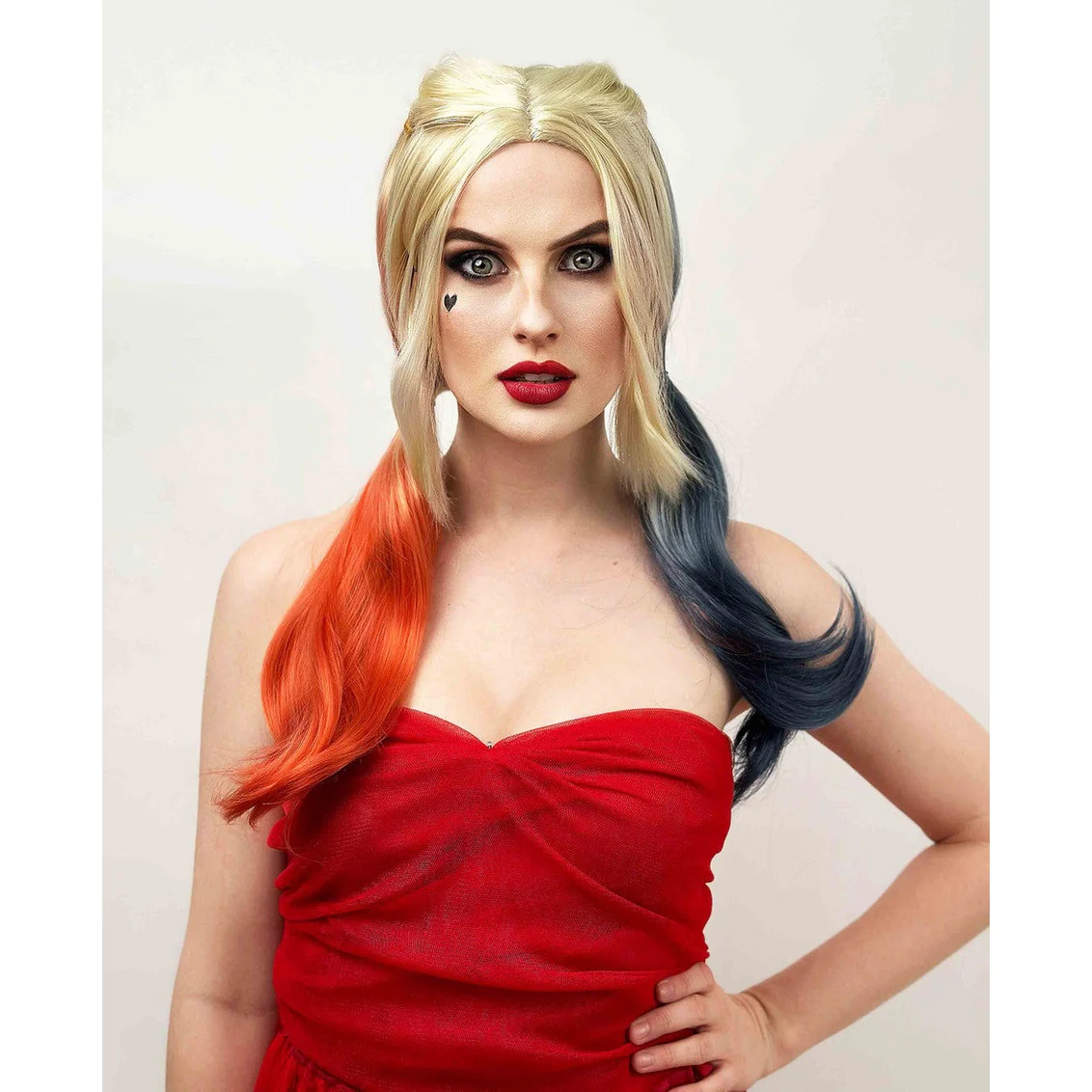 Harley Quinn Wig – Blonde with Red & Blue Ponytails - Image 2
