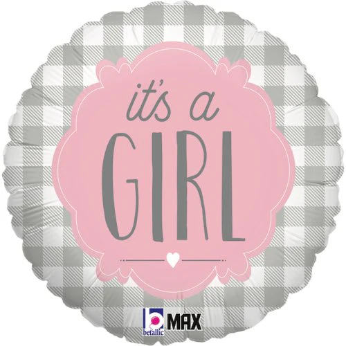 It's A Girl Gingham Round Foil Balloon 45cm