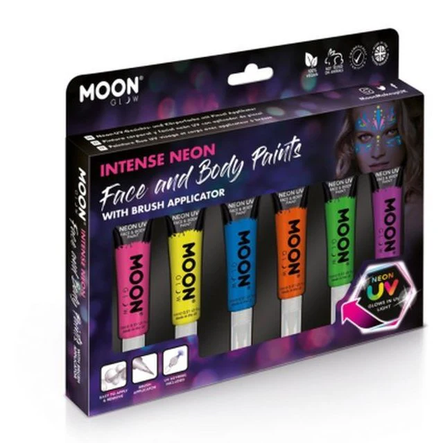Moon Glow Intense Neon Uv Face Paint, Assorted With Brush Applicator