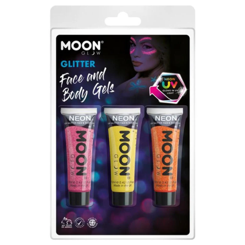 Moon Glow Neon Uv Fine Glitter Gel, Ruby Pink, Golden Yellow, Orange