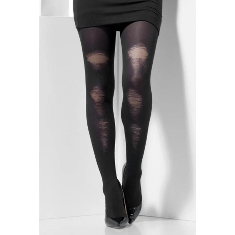 Opaque Tights - Black, with Distressed Detail