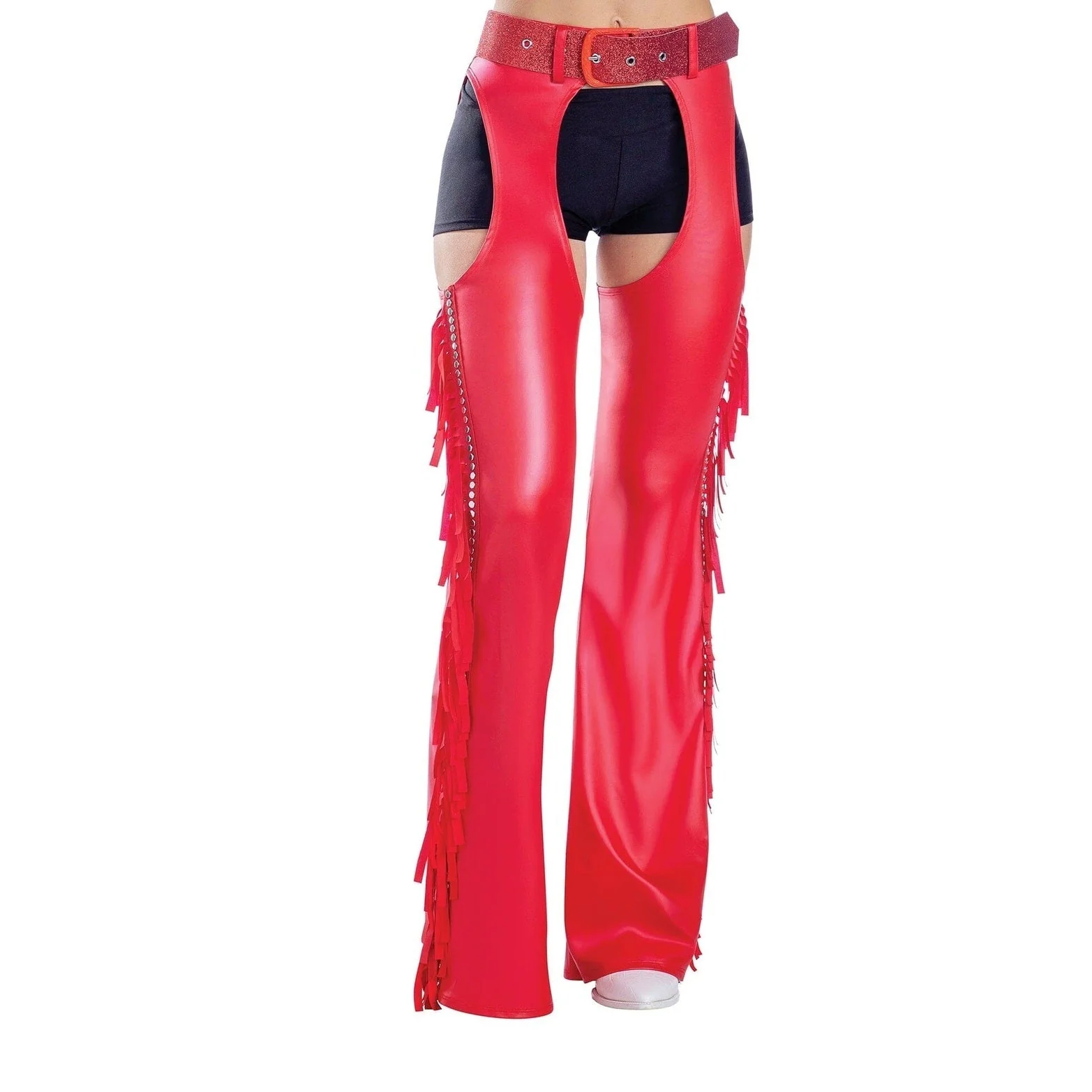 Red Fringe Chaps with Glitter Belt, Adult