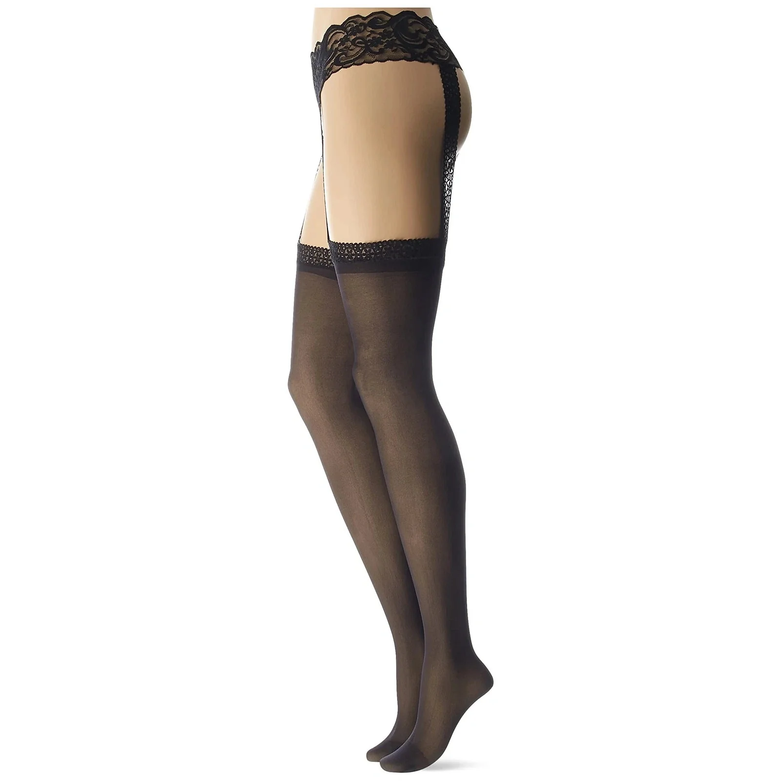 Sheer Garter Belt Pantyhose, Black - Image 3