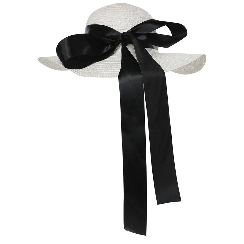 White Straw Hat With Black Ribbon - Image 2